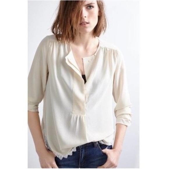 Zadig & Voltaire Tranoi navy silk top with black hem Blue lace trim blouse Sz M - Picture 14 of 14